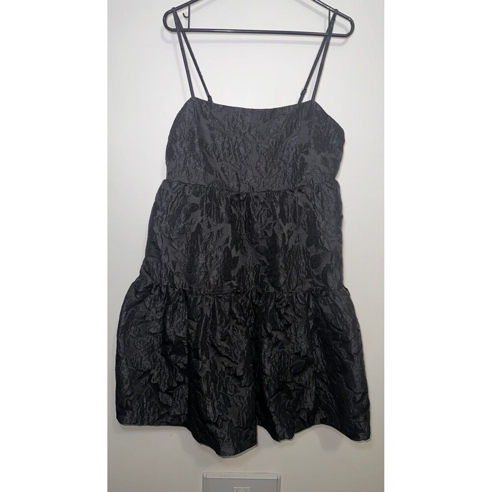 J. Crew Black Jacquard Tiered Babydoll Spaghetti Strap Cocktail Dress 12 NWT